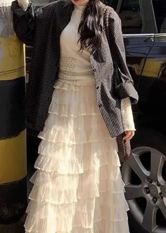 Italian Beige Layered Solid Elastic Waist Tulle Skirts Summer