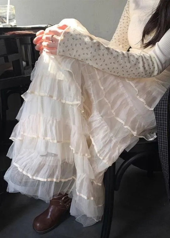 Italian Beige Layered Solid Elastic Waist Tulle Skirts Summer