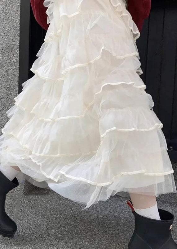 Italian Beige Layered Solid Elastic Waist Tulle Skirts Summer