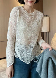 Italian Beige O-Neck Hollow Out Lace Top Spring