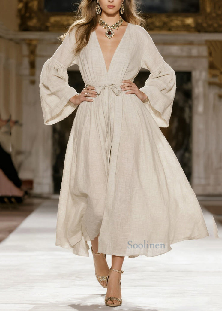 Italian Beige V Neck Tie Waist Linen Dress Spring