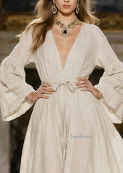 Italian Beige V Neck Tie Waist Linen Dress Spring