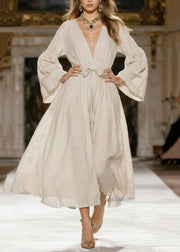 Italian Beige V Neck Tie Waist Linen Dress Spring