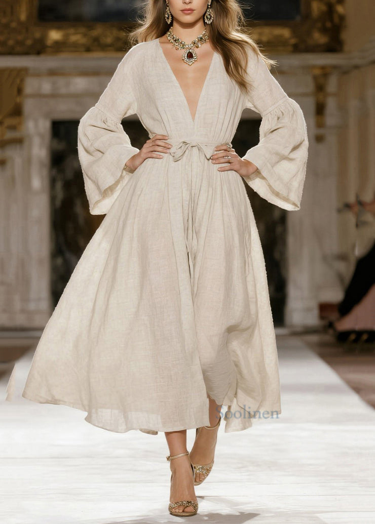 Italian Beige V Neck Tie Waist Linen Dress Spring