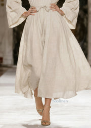 Italian Beige V Neck Tie Waist Linen Dress Spring