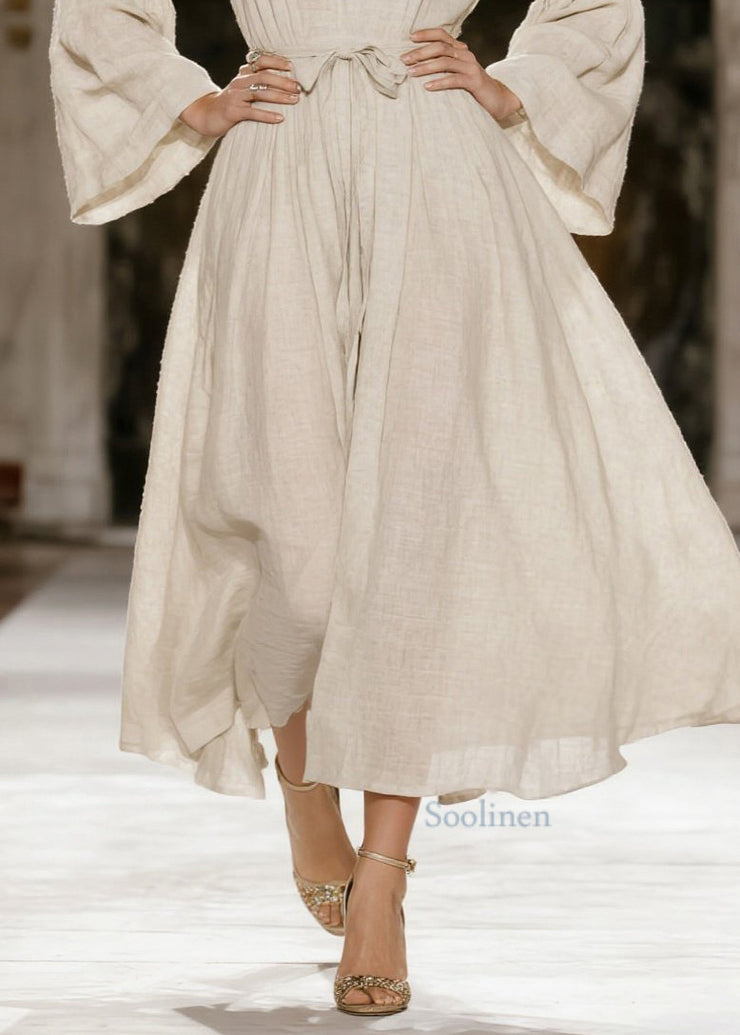 Italian Beige V Neck Tie Waist Linen Dress Spring