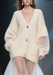 Italian Beige V Neck Tulle Patchwork Knit Cardigans Fall