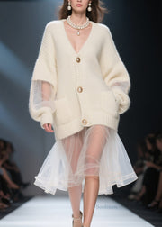 Italian Beige V Neck Tulle Patchwork Knit Cardigans Fall