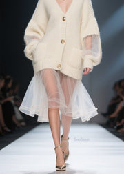 Italian Beige V Neck Tulle Patchwork Knit Cardigans Fall
