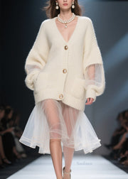 Italian Beige V Neck Tulle Patchwork Knit Cardigans Fall