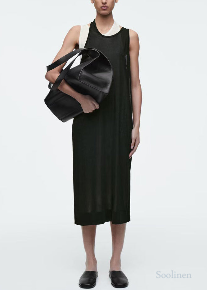 Italian Black Asymmetrical Design Layered Cotton Maxi Dress Summer