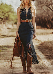 Italian Black Asymmetrical Slim Fit Lace Dress Summer