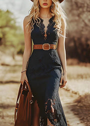 Italian Black Asymmetrical Slim Fit Lace Dress Summer