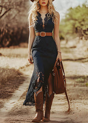 Italian Black Asymmetrical Slim Fit Lace Dress Summer