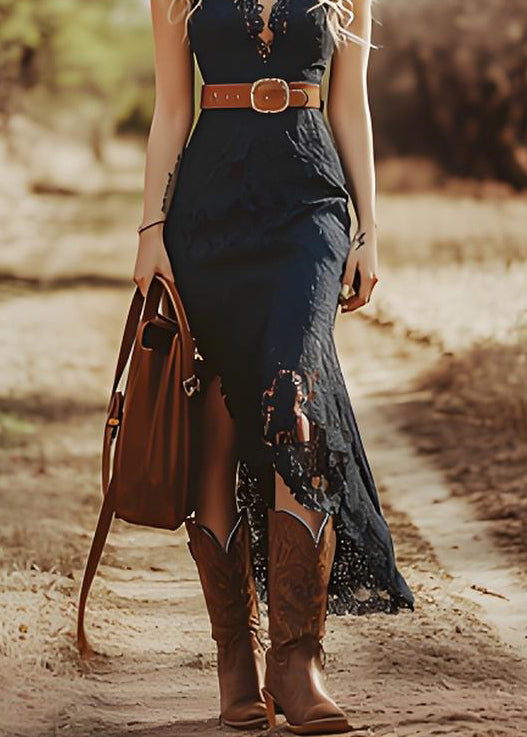 Italian Black Asymmetrical Slim Fit Lace Dress Summer