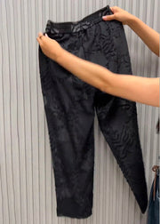 Italian Black Elastic Waist Jacquard Tulle Harem Pants Summer