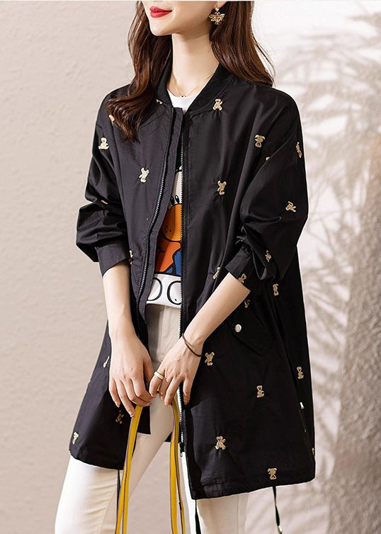 Italian Black Embroidered Drawstring Spandex Coats Fall