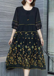 Italian Black Embroideried Wrinkled Patchwork Chiffon Dresses Summer
