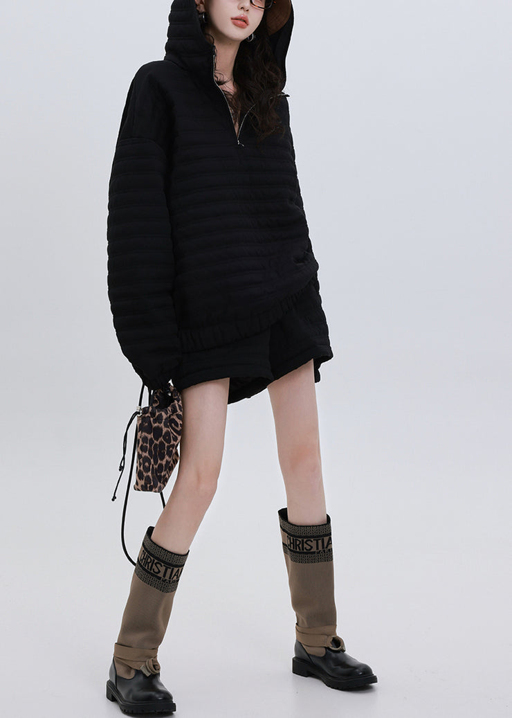 Italian Black Hooded Oversized Fine Cotton Filled Two Pieces Set Winter