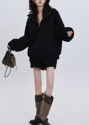 Italian Black Hooded Oversized Fine Cotton Filled Two Pieces Set Winter