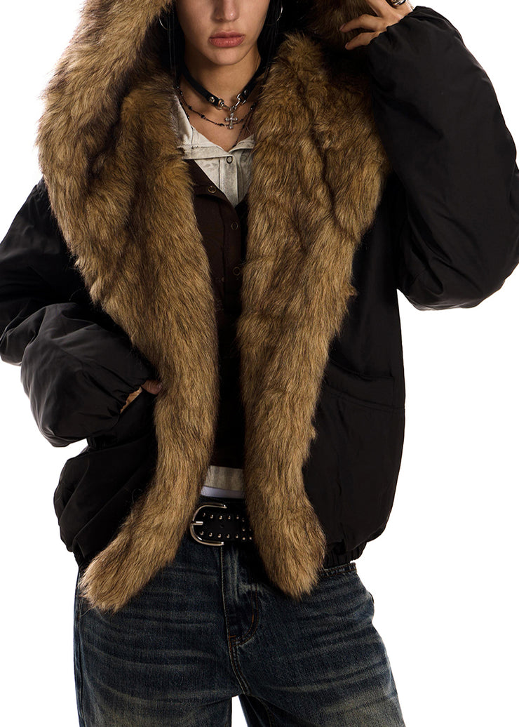 Italian Black Hooded Patchwork Faux Fur Cotton Filled Coat Winter