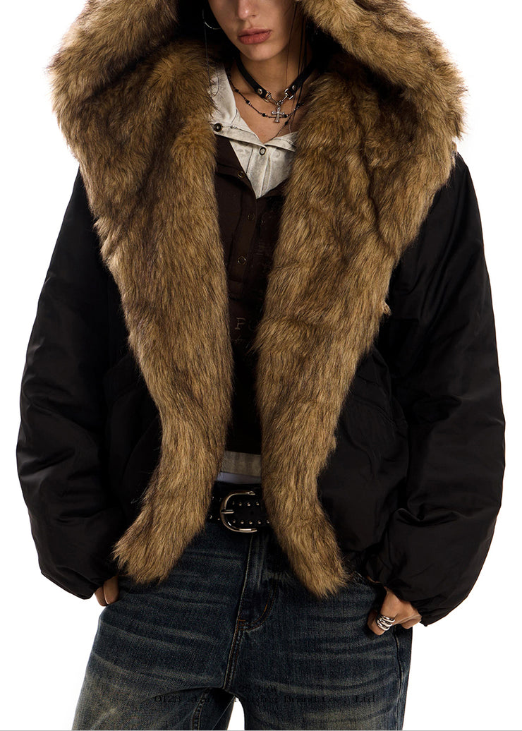 Italian Black Hooded Patchwork Faux Fur Cotton Filled Coat Winter