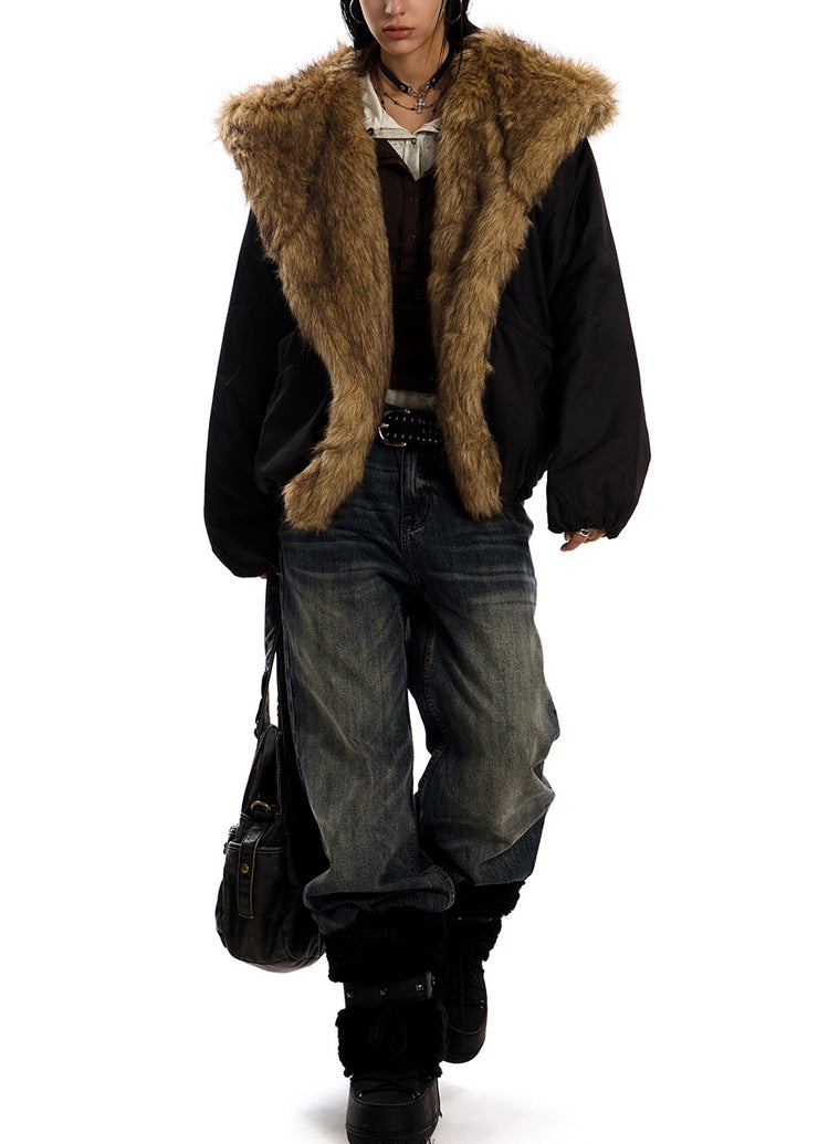 Italian Black Hooded Patchwork Faux Fur Cotton Filled Coat Winter