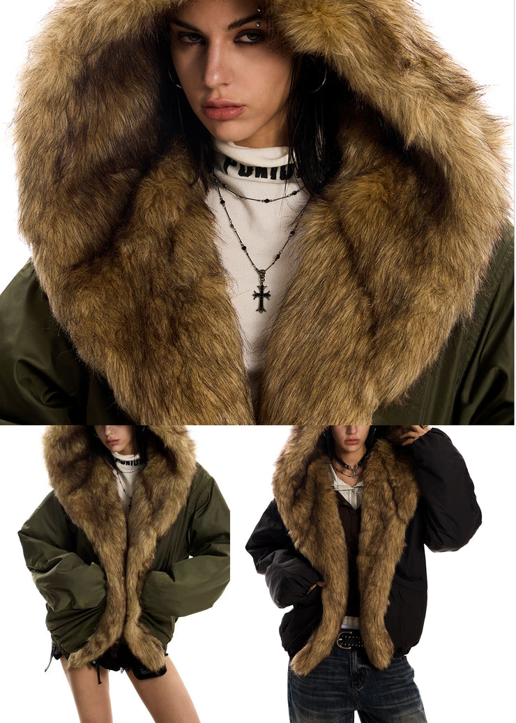 Italian Black Hooded Patchwork Faux Fur Cotton Filled Coat Winter