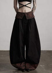 Italian Black Jacquard Patchwork Cotton Wide Leg Pants Fall