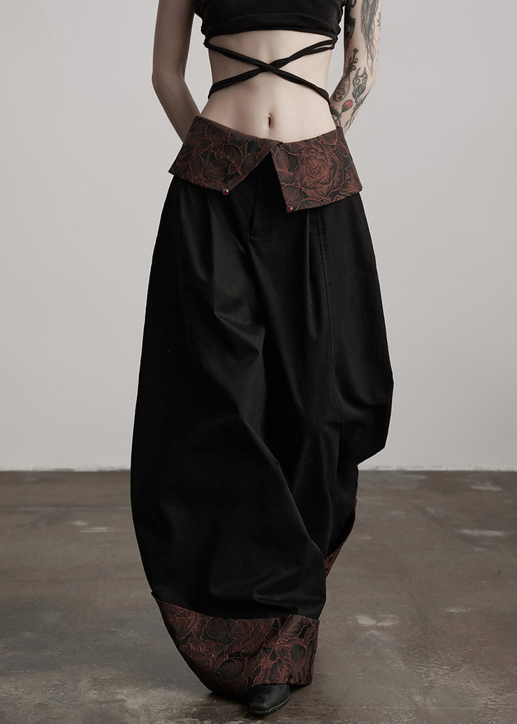 Italian Black Jacquard Patchwork Cotton Wide Leg Pants Fall