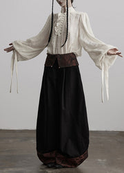 Italian Black Jacquard Patchwork Cotton Wide Leg Pants Fall