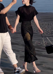 Italian Black Lace Up Tops And Print Skirts Chiffon Two Pieces Set Summer