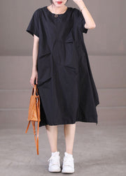 Italian Black O-Neck Drawstring Cotton Long Dress Short Sleeve