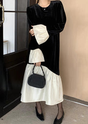 Italian Black O Neck Patchwork Silk Velvet Long Dress Flare Sleeve