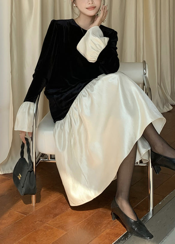 Italian Black O Neck Patchwork Silk Velvet Long Dress Flare Sleeve