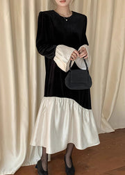 Italian Black O Neck Patchwork Silk Velvet Long Dress Flare Sleeve