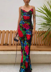 Italian Black Print Chiffon Spaghetti Strap Dress Summer