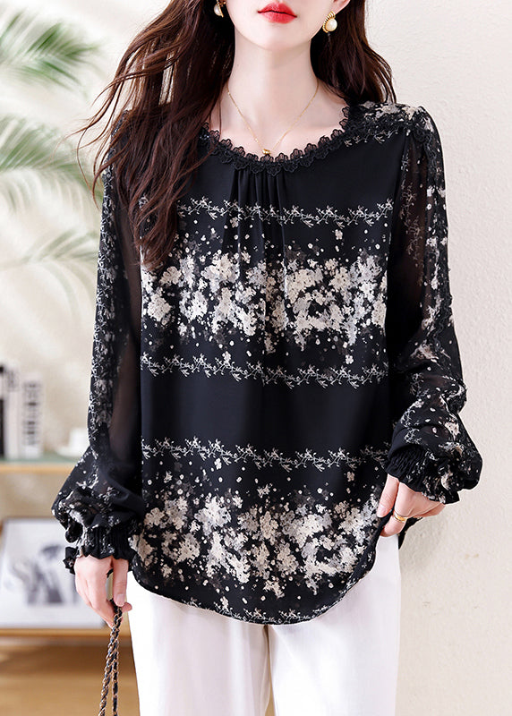 Italian Black Print Draping Chiffon Tops Fall