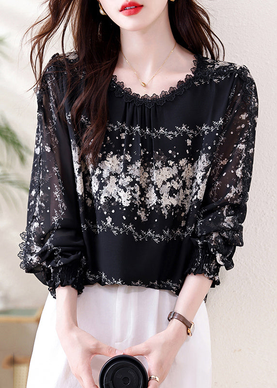 Italian Black Print Draping Chiffon Tops Fall