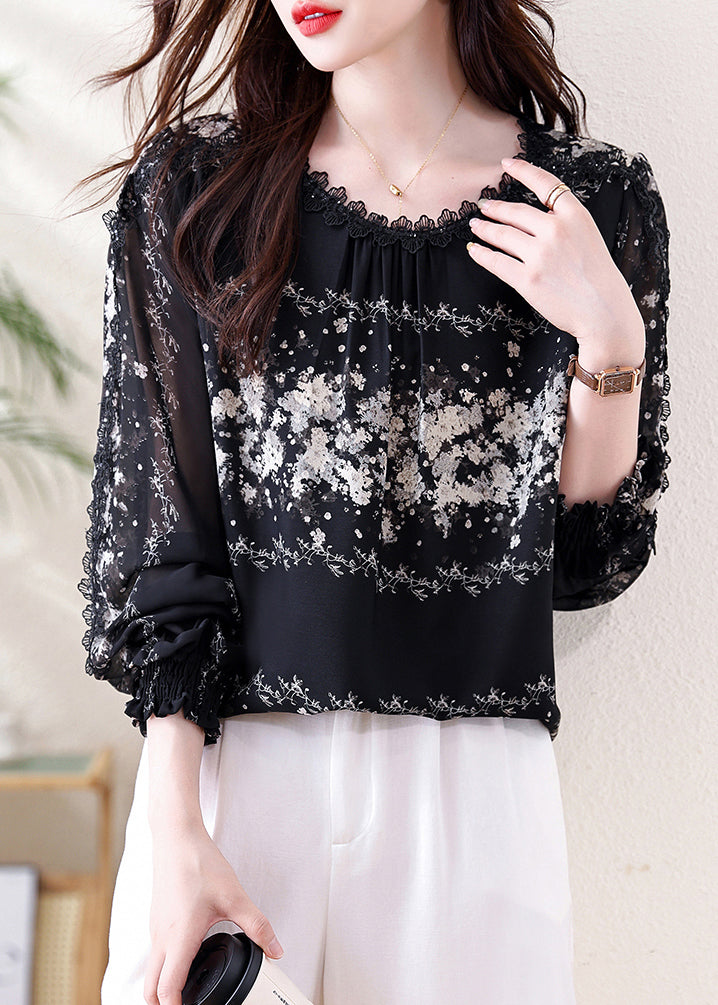 Italian Black Print Draping Chiffon Tops Fall