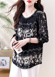 Italian Black Print Draping Chiffon Tops Fall