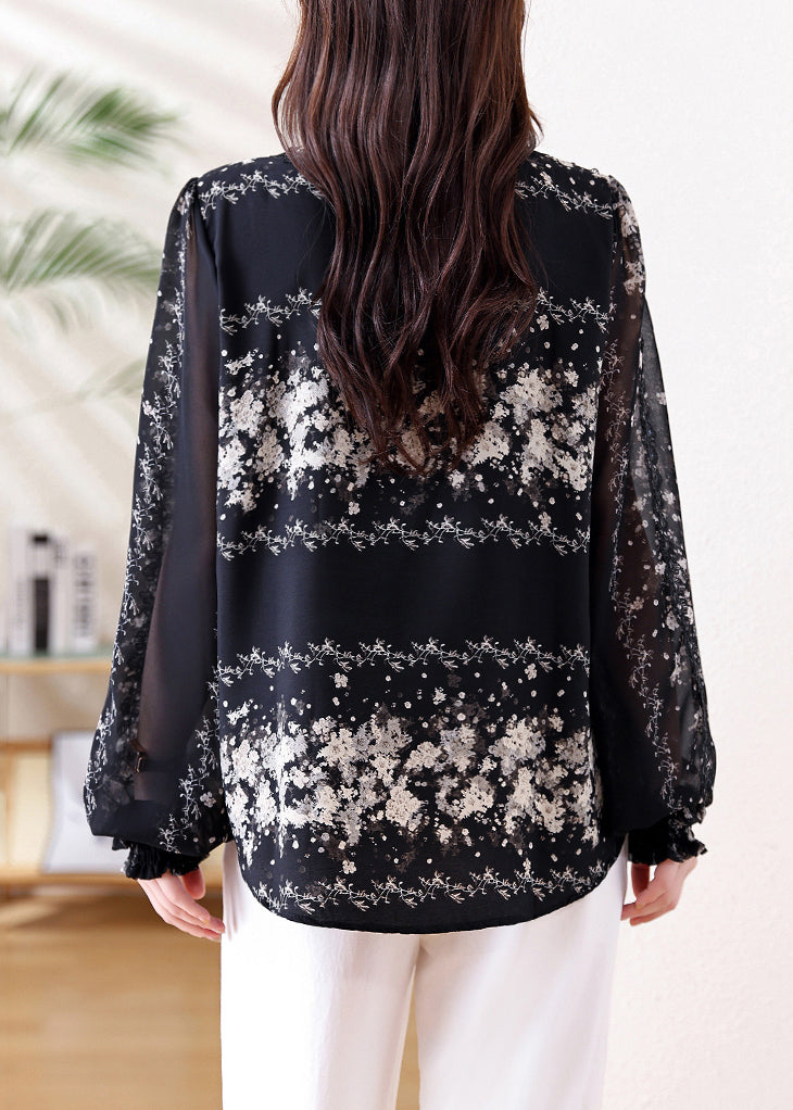 Italian Black Print Draping Chiffon Tops Fall