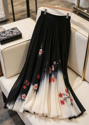 Italian Black Print Elastic Waist Chiffon Skirts Summer