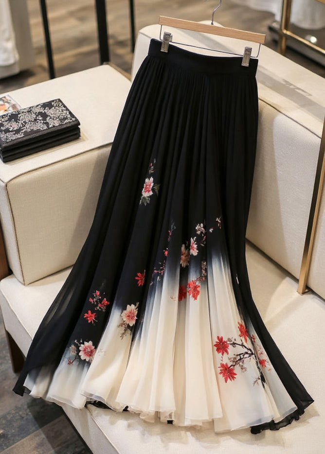 Italian Black Print Elastic Waist Chiffon Skirts Summer