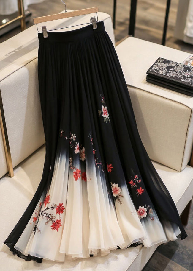 Italian Black Print Elastic Waist Chiffon Skirts Summer