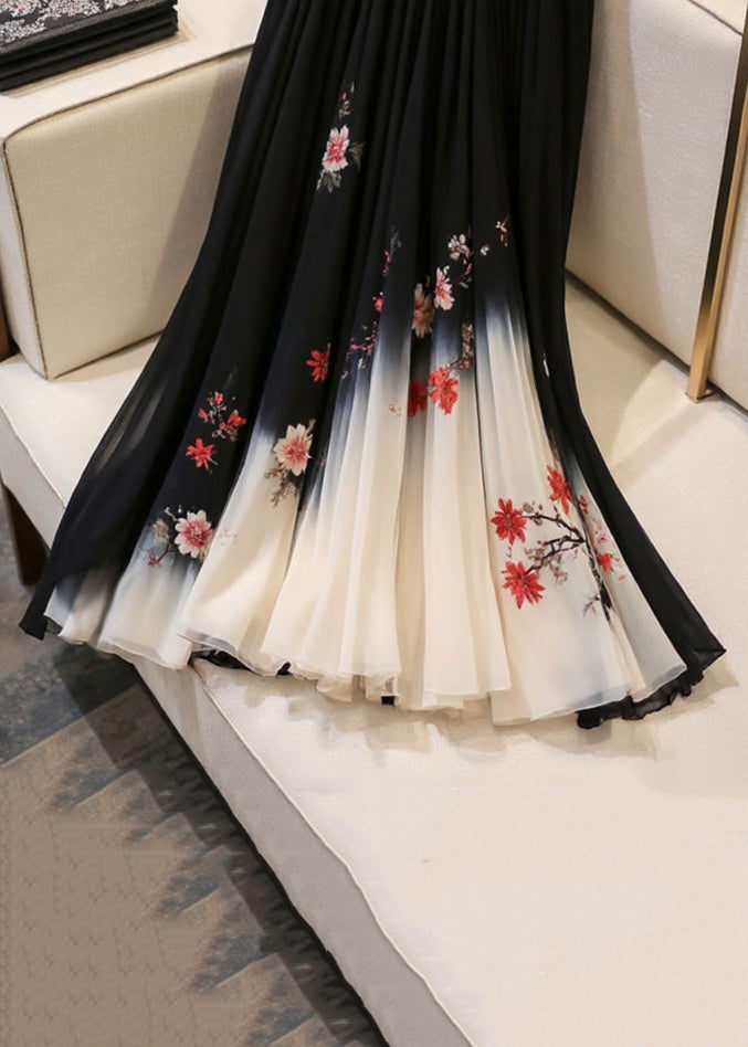 Italian Black Print Elastic Waist Chiffon Skirts Summer