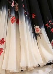 Italian Black Print Elastic Waist Chiffon Skirts Summer