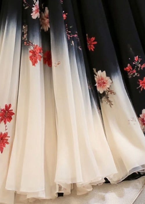 Italian Black Print Elastic Waist Chiffon Skirts Summer