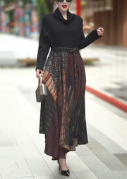 Italian Black Print Knit Patchwork Long Dress Winter