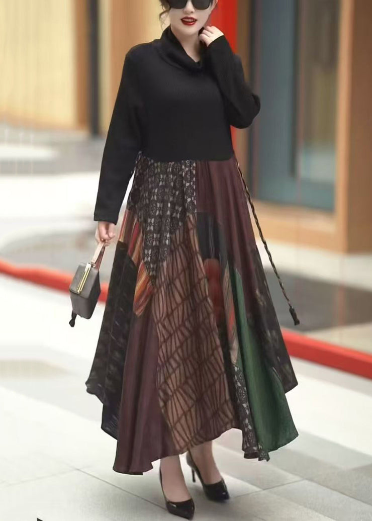 Italian Black Print Knit Patchwork Long Dress Winter